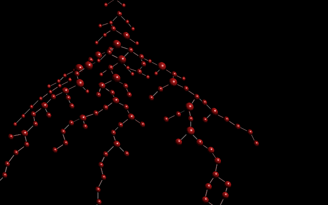 A diagram of a tree structure against a black background, with the nodes represented by red spheres.